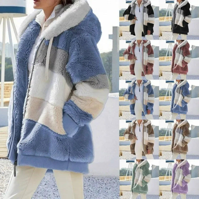 Autumn Winter Warm Plush Pocket Hooded Streetwear Loose Lady Outerwear