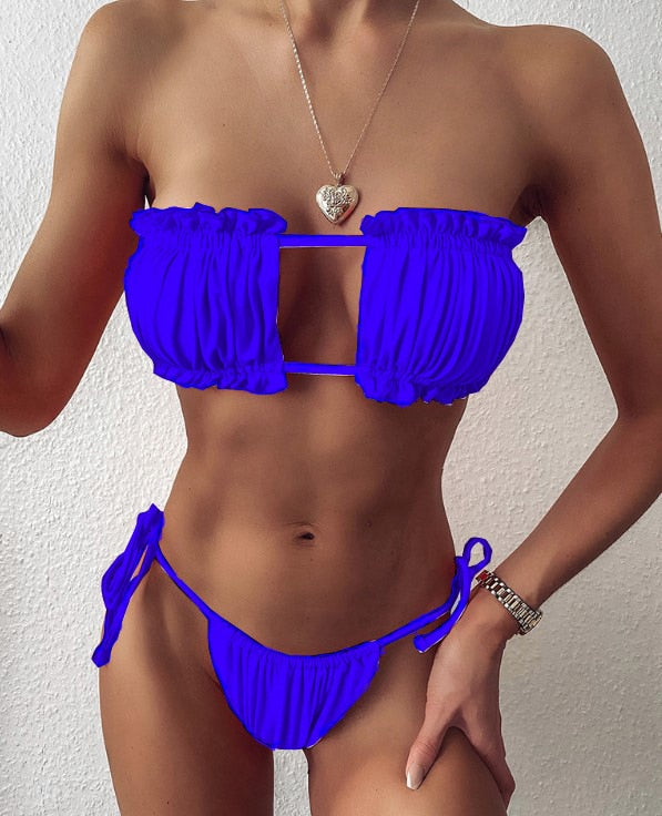 Pleated Bandeau Swimsuit Female Swimwear Women Mini Thong Bikini Set