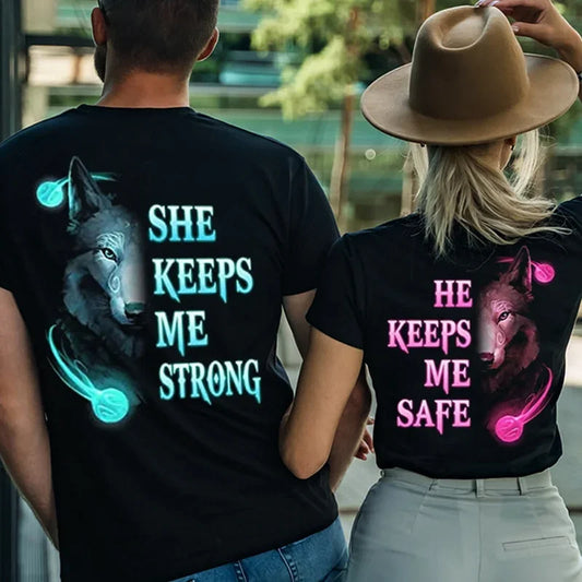 She Keeps Me Strong He Keeps Me Safe Couple Matching T Shirt