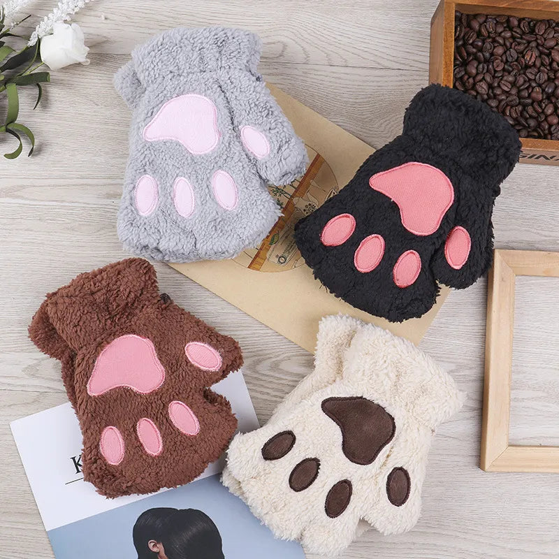 Women  Fashion Girls Cat Claw Paw Plush Mittens Warm Soft Plush Winter Gloves