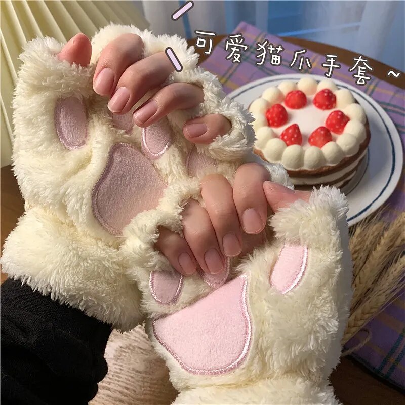Women  Fashion Girls Cat Claw Paw Plush Mittens Warm Soft Plush Winter Gloves