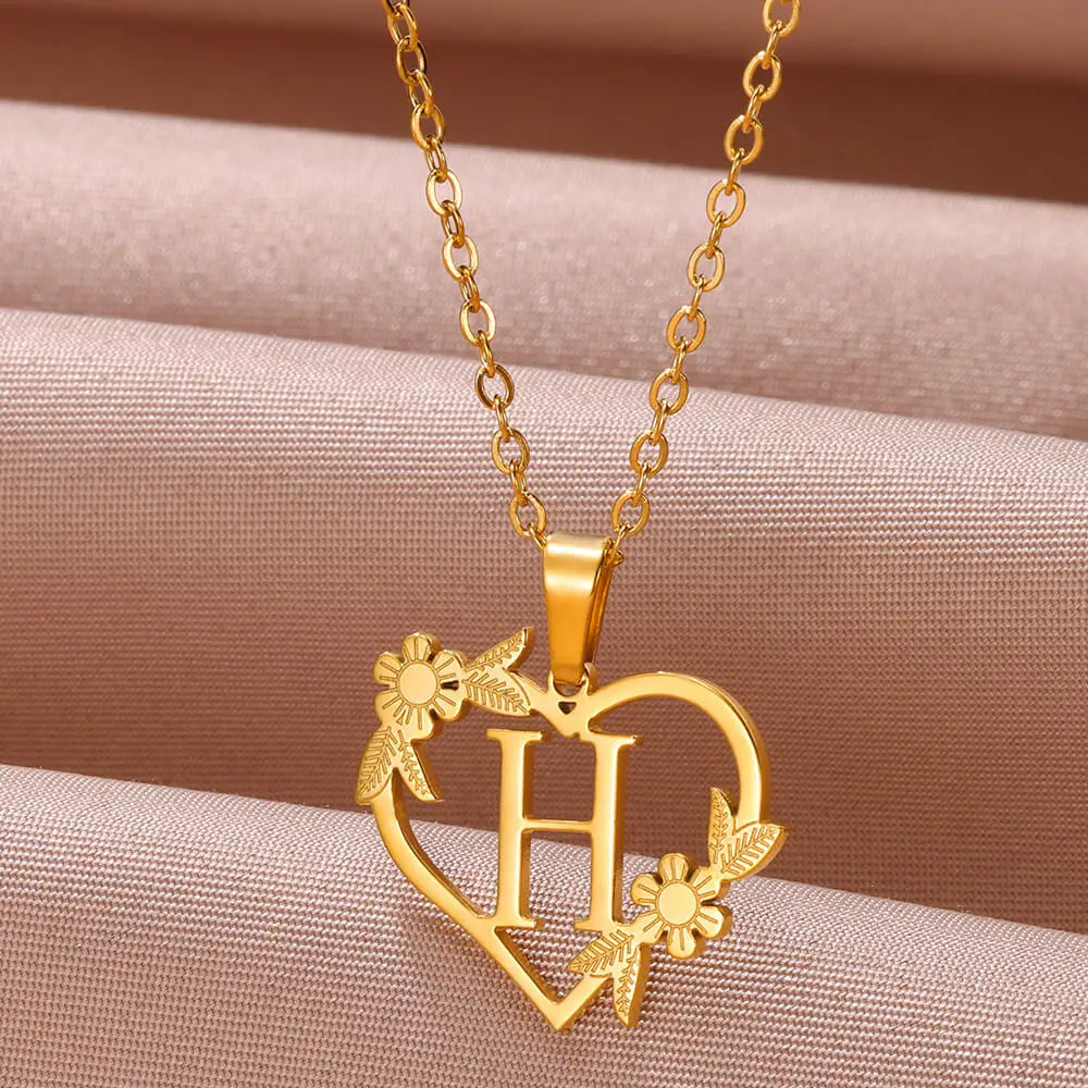 Dainty Flower Initials  Women Girl Stainless Steel Heart Letter Choker Necklace