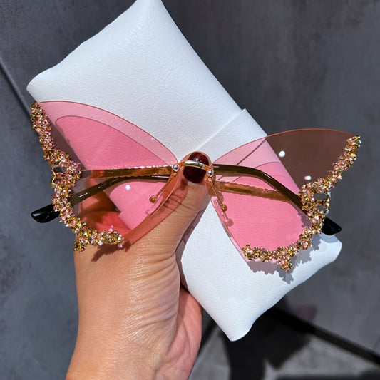 Luxury Diamond Butterfly Women Brand Vintage Rimless Oversized Sunglasses