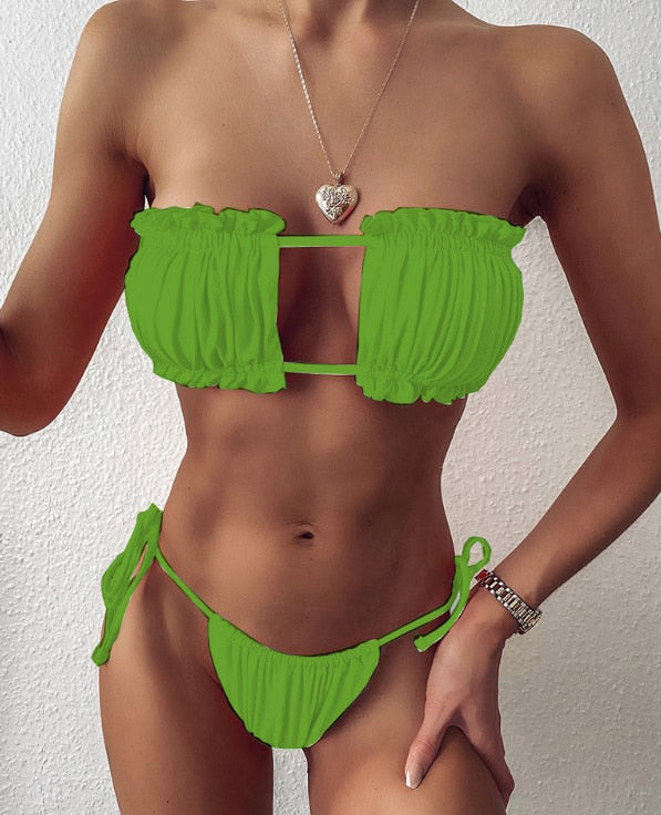Pleated Bandeau Swimsuit Female Swimwear Women Mini Thong Bikini Set