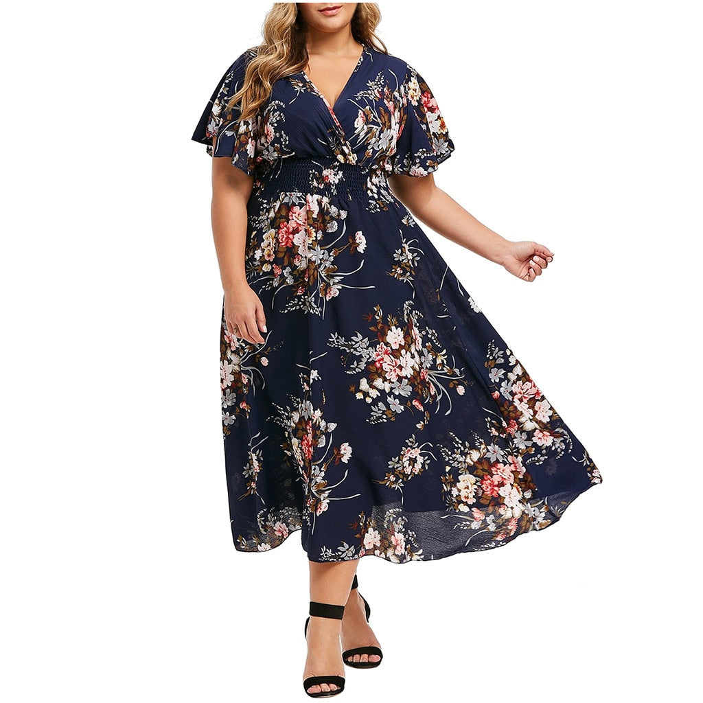 Plus Size Floral Printed Maxi V-Neck Bohemian Short Sleeve  Dress
