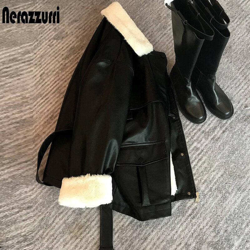 Winter Oversized Leather Jacket Women  Warm Soft Thickened Fur Lined Coat