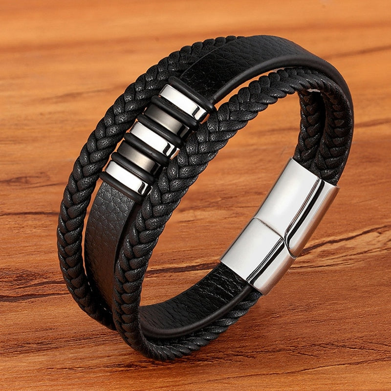 Fashion Stainless Steel Charm Magnetic  Men Leather Bracelet