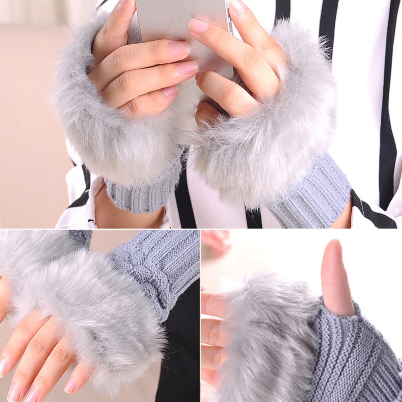 Winter  Plush  Knitting Wool  Short Mitten Fingerless Women Gloves