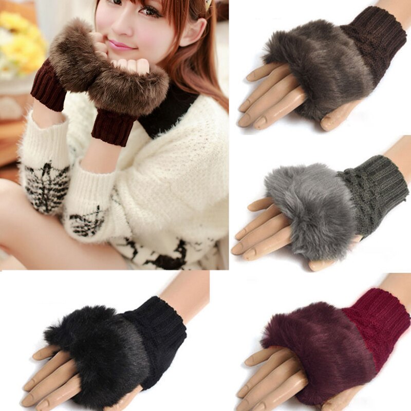 Winter  Plush  Knitting Wool  Short Mitten Fingerless Women Gloves