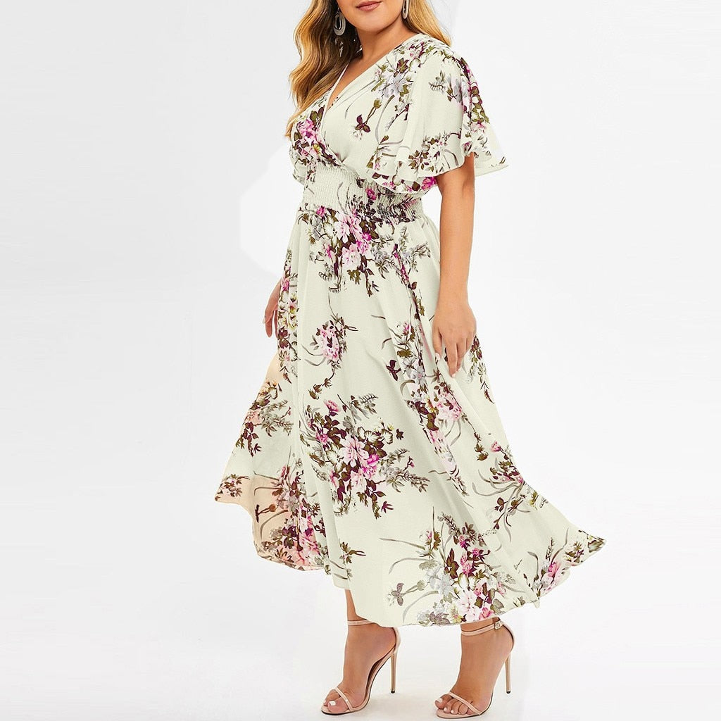 Plus Size Floral Printed Maxi V-Neck Bohemian Short Sleeve  Dress