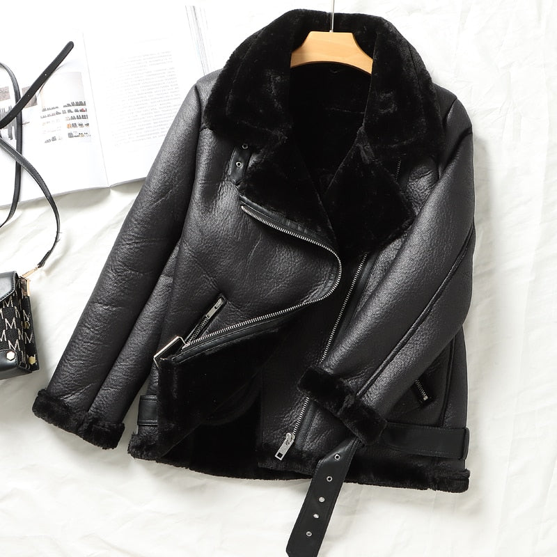 Winter Thick Warm Faux Leather Jackets Women Outerwear Overcoat