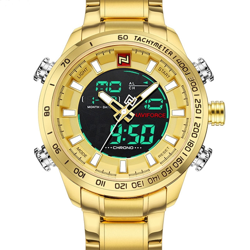 Gold Steel Strap Waterproof Sports LED Digital Military Quartz Mens  Wristwatch