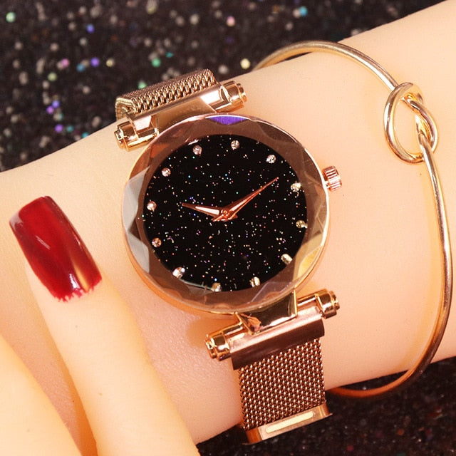 Women Starry Sky Watch Luxury Magnetic Buckle Mesh Band Quartz Diamond Wristwatch