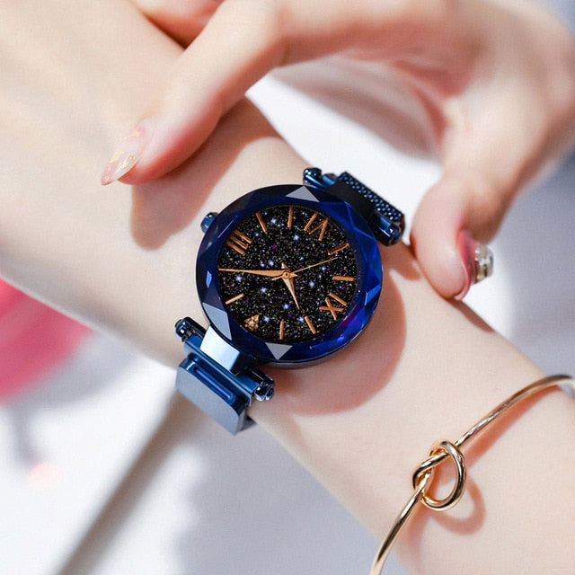 Women Starry Sky Watch Luxury Magnetic Buckle Mesh Band Quartz Diamond Wristwatch