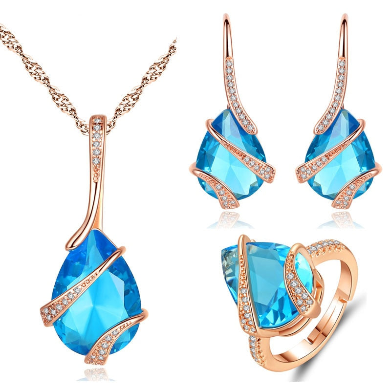 women Water drop  cubic zirconia necklace earrings ring sets