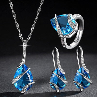 women Water drop  cubic zirconia necklace earrings ring sets