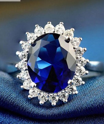 Princess Diana William Kate style Blue Sapphire Silver jewelry Ring For Woman