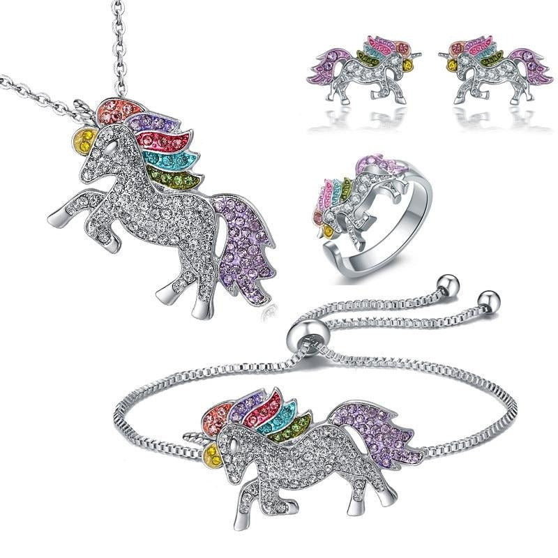 Cartoon Colorful Unicorn Necklace Earrings Bracelet