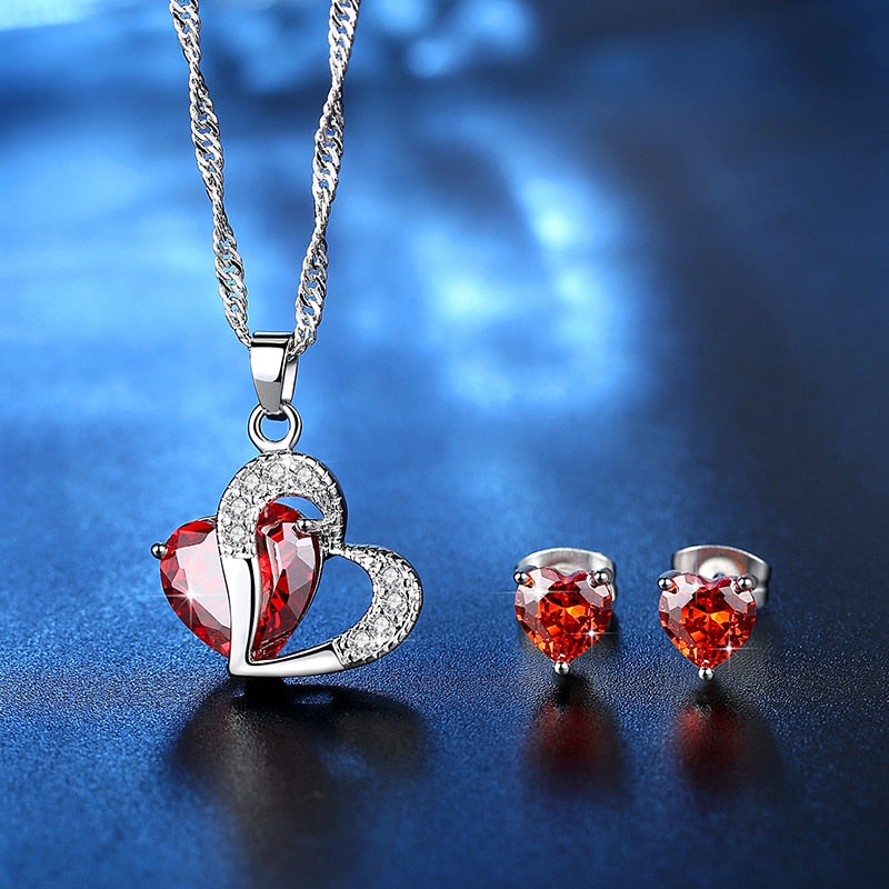 love heart sharp cubic zirconia necklace earrings set
