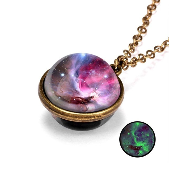 Universe Planet Glass Luminous Double-sided Retro Pendant Necklace