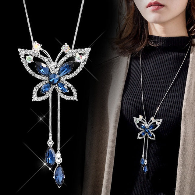 Long Chain Women Blue Opal Rhinestone Flower Necklaces & Pendants