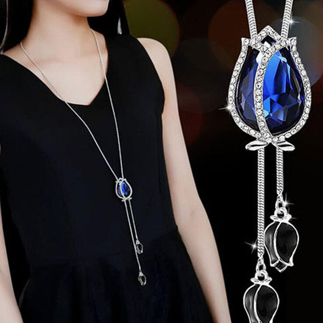 Long Chain Women Blue Opal Rhinestone Flower Necklaces & Pendants
