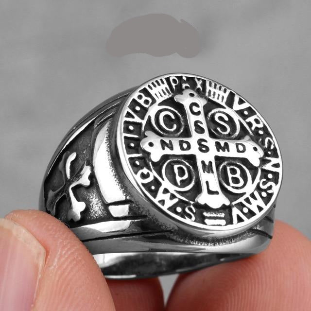 Saint Benedict Cspb Gold Black Cross Men  Stainless Steel Ring