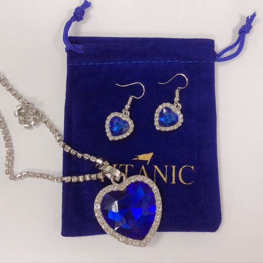 Titanic Heart of Ocean Pendant Necklace with Titanic Earrings plus Velvet Bag