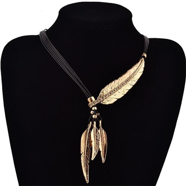 Women Feather Necklaces & Pendants Rope Leather Vintage Jewelry
