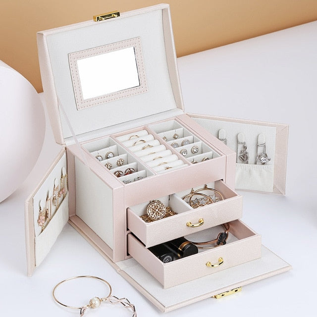 Three-tier Storage Jewelry Box With Mirror Portable Silk Thread