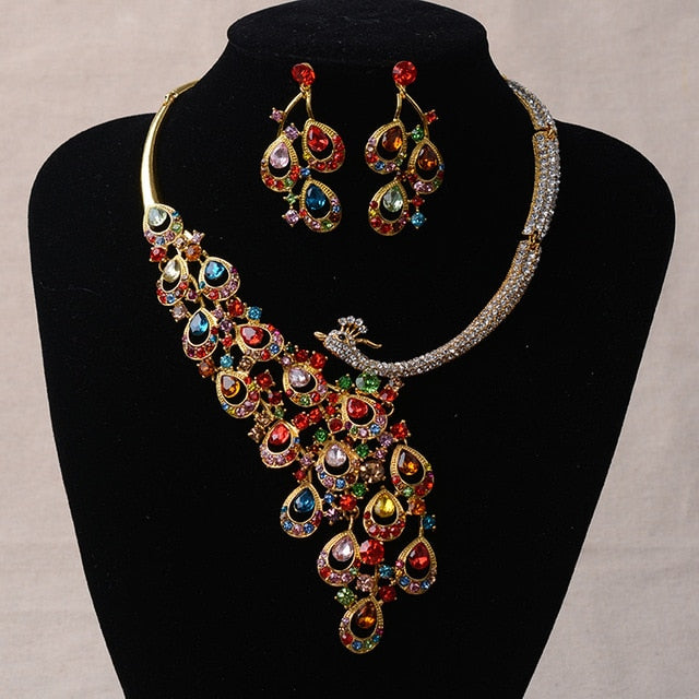 Gold Rhinestone Peacock  Crystal Statement Necklace Earrings Set