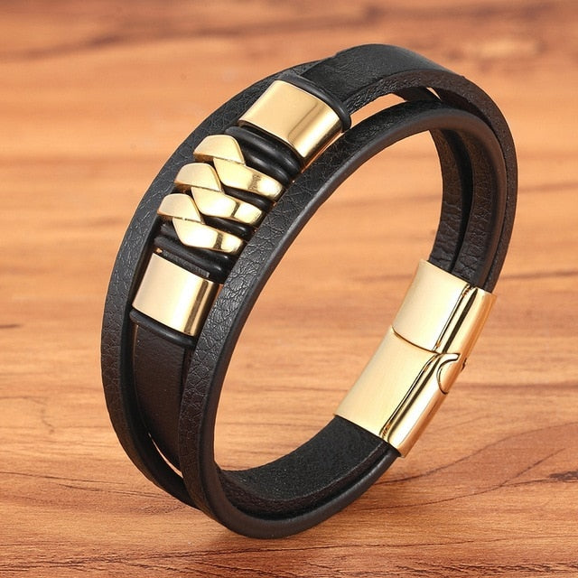 Cross Style Multi Layer  Stainless Steel Men's Leather Bracelet