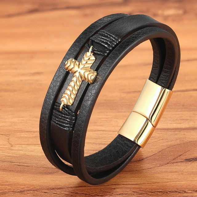 Cross Style Multi Layer  Stainless Steel Men's Leather Bracelet