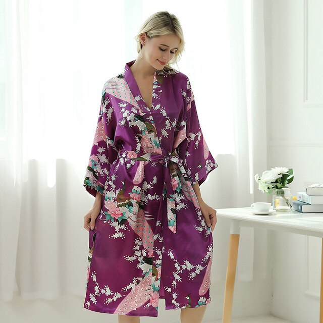 Women Robe Print Flower Peacock Kimono Bathrobe Gown Sleepwear