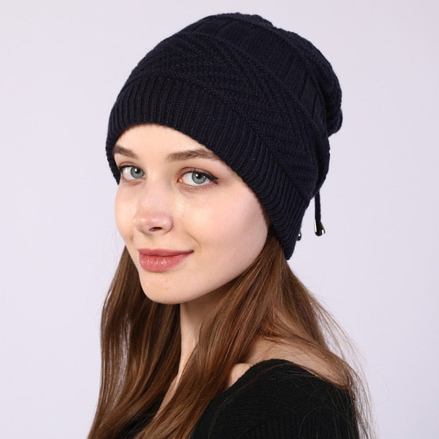 women knitted  Hat solid snood scarf warm winter Female Beanie cap