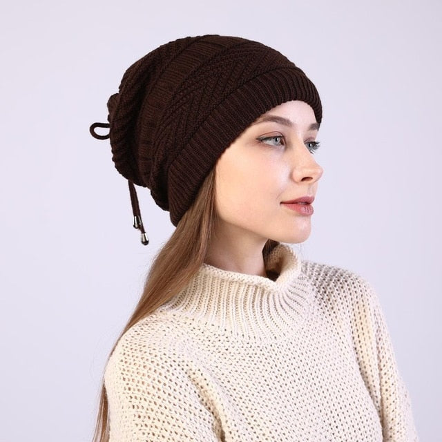 women knitted  Hat solid snood scarf warm winter Female Beanie cap