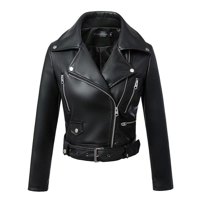 Women  Winter Black Faux Leather Jackets Zipper Coat with belt