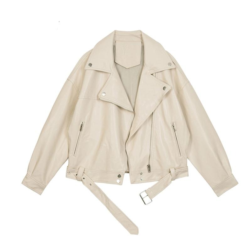 Women Pu Leather Female Loose Casual Jacket With Belt