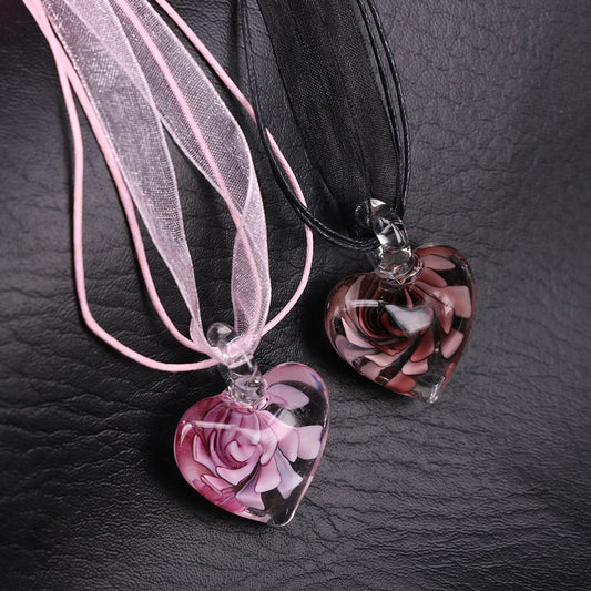 Glass Heart  Pendant Handmade Pink Dried Flower Women Necklace