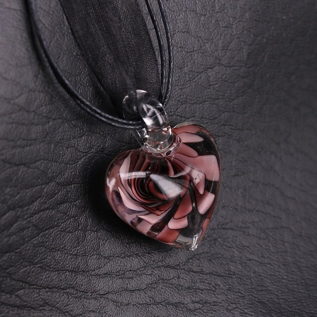 Glass Heart  Pendant Handmade Pink Dried Flower Women Necklace