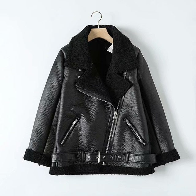 Women  faux leather jacket  with belt turn down collar Ladies coat