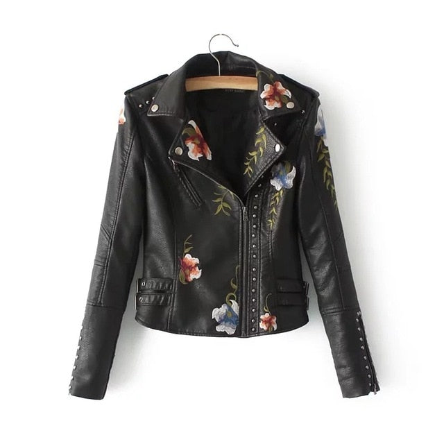 Embroidery faux leather PU Jacket Women  coat Outerwear