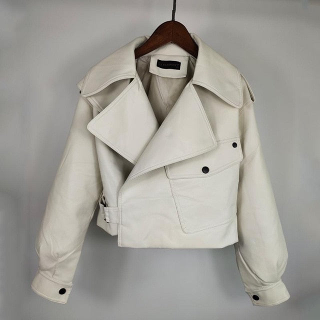 Women Faux Leather Jacket Pu Coat Turndown Collar Loose Streetwear