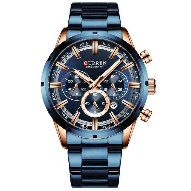 Military Quartz Silver Blue Men Stainless Steel Chronograph Wrist watch