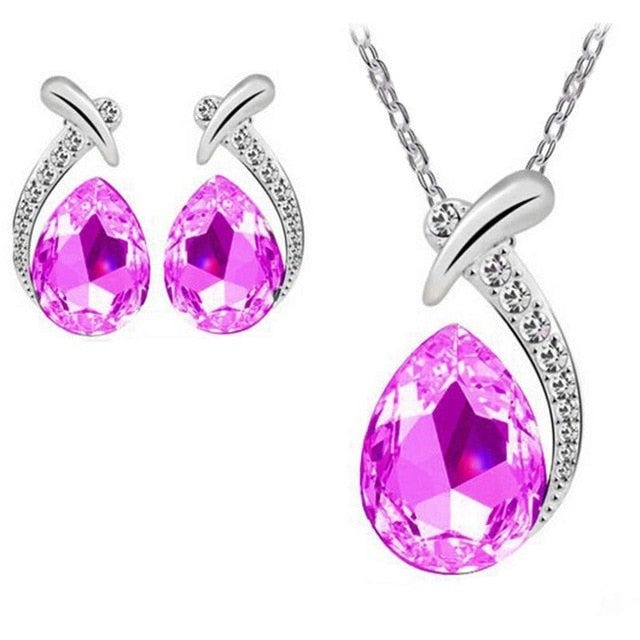 Water drop shape many color setting silver color Crystal necklace earrings set