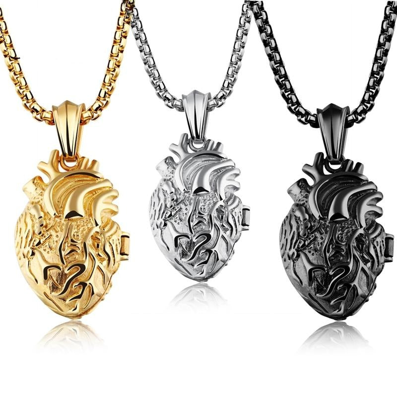 Openable Human Anatomical Heart Charm Pendant Necklace in Stainless Steel