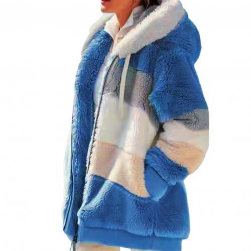 Plus Size Women  Long Sleeve Color Block Zipper Fluff Hooded Warm Coat Jacket