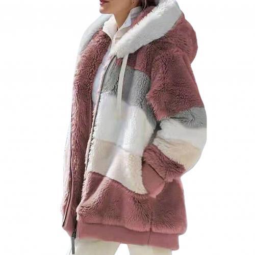 Plus Size Women  Long Sleeve Color Block Zipper Fluff Hooded Warm Coat Jacket