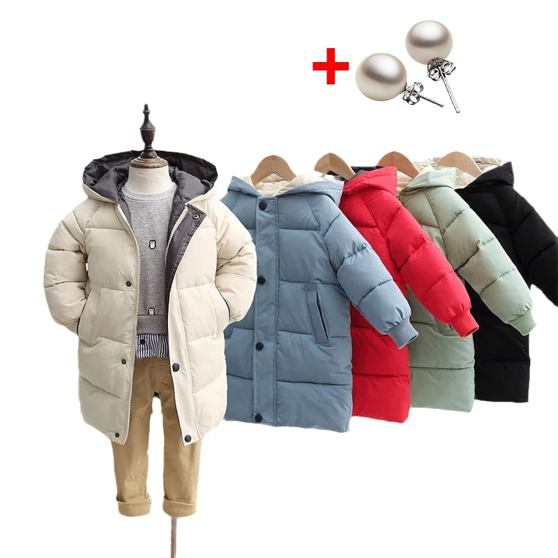 Children's Teenage Boys Girls Winter Cotton-padded Warm Long Jacket with Down Coat