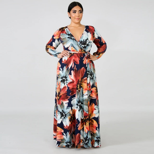 Long Sleeve Cross V-Neck Maxi Dress Bohemia Dress Full Plus Size Dress